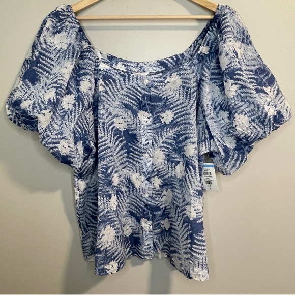 Caslon Print Puff Sleeve Organic Cotton Top in Blue Moonlight Floral Ferns 2X - Picture 1 of 5